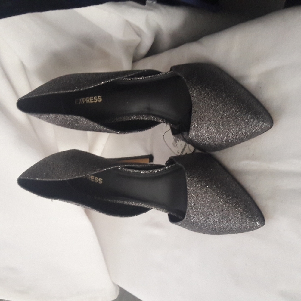 Express D'orsay Shoes Silver Glitter Sparkles Stilleto 4" inch heels Siz…